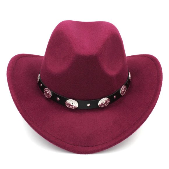 Red, Maroon Western Cowboy Cowgirl Hat, Black & Silver Strap Men Women Wide Brim - Picture 2 of 6